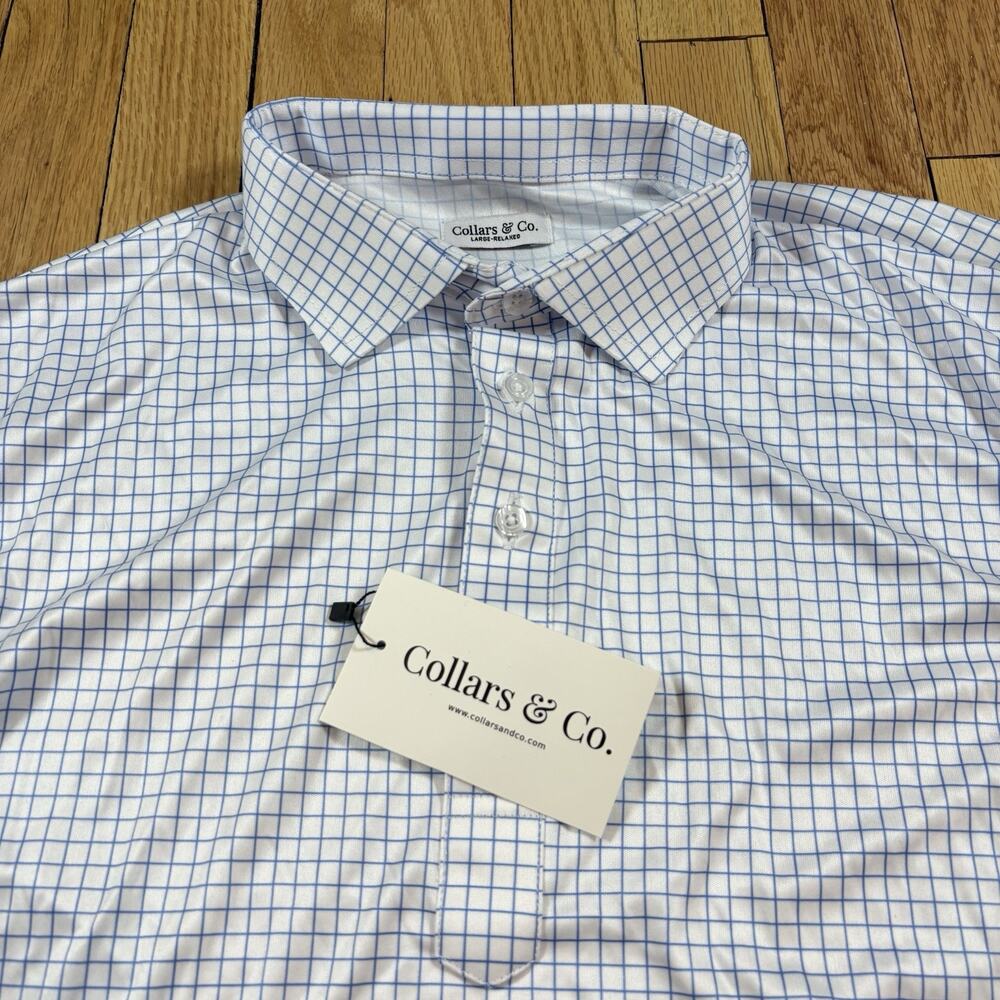 NWT Collars and Co Men’s Size L Relaxed Dress Collar Polo Shirt Blue White Grid